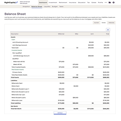 Right Capital sample balance sheet
